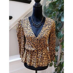 Zara TRF Blouse Top Women's S Black Brown Leopard Print Ruffled Trim Wrap V-Neck